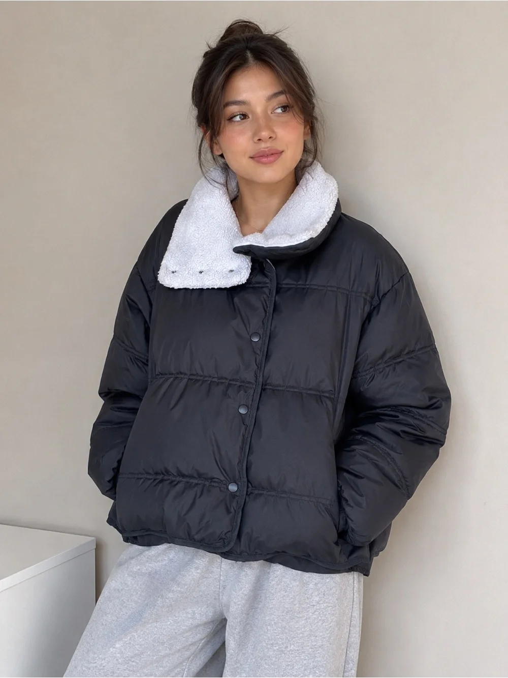 Line & Dot Oversized Puffer Jacket Large Black Sherpa Collar Cropped Coat